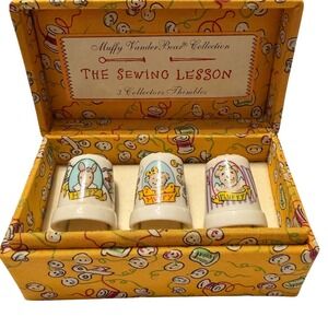 Muffy VanderBear The Sewing Lesson 3 Collectors Thimbles Porcelain Set in Box